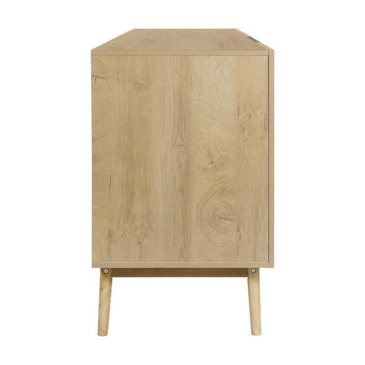 Buffet - Décor chene et vert - Pieds en bois massif - 3 portes + 3 ti