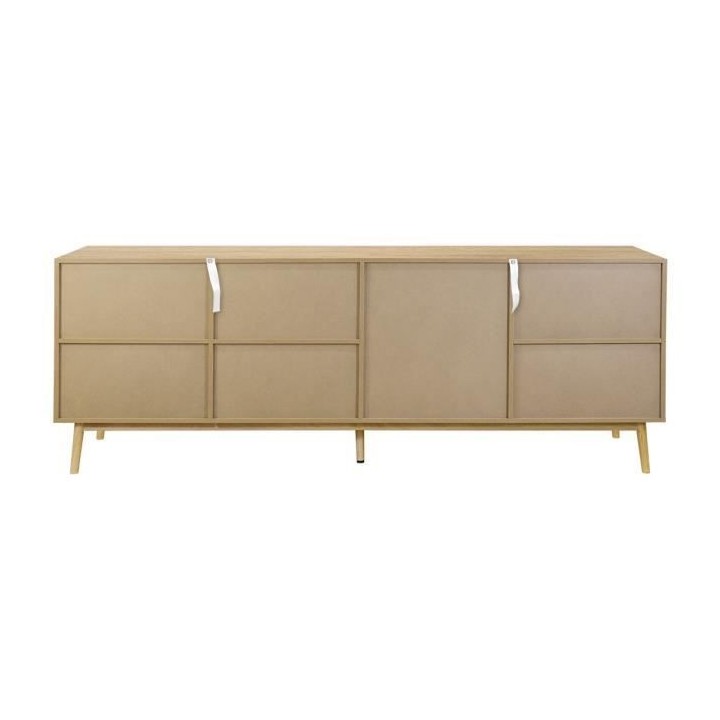 Buffet - Décor chene et vert - Pieds en bois massif - 3 portes + 3 ti