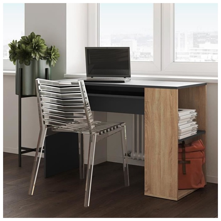 Bureau droit YALE - Noir et chene naturel - 2 niches + 1 étagere - L