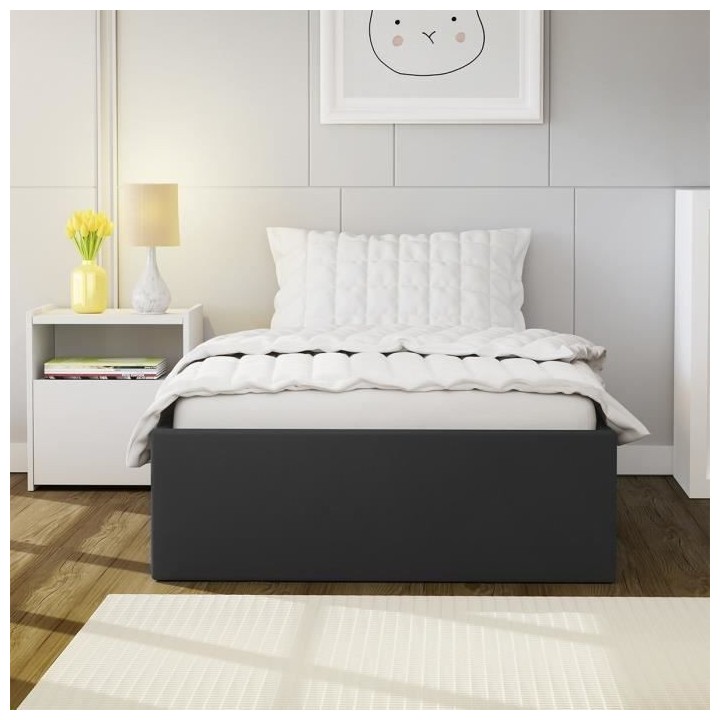 ECLIPSE Lit coffre enfant 90 x 190 cm - Simili noir - Sommier inclus