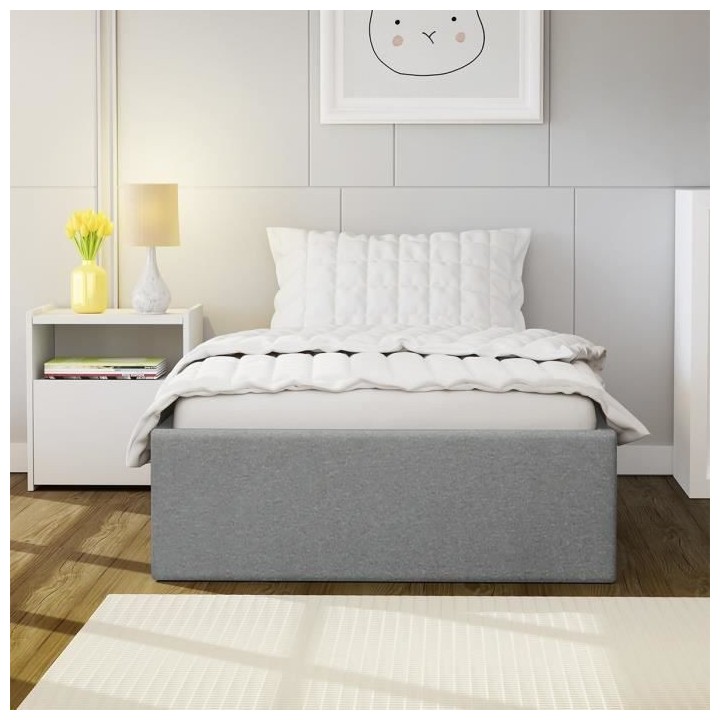 ECLIPSE Lit coffre enfant 90 x 190 cm - Tissu gris clair - Sommier inc