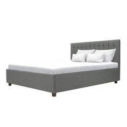 EMILY Lit adulte 180x200cm + Coffre de rangement - Tissu imitation lin gris foncé - Sommier inclus