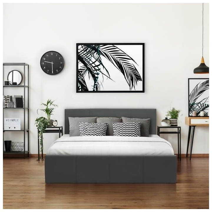 MARTIN Lit coffre adulte - Simili gris - Sommier inclus - 160 x 200 cm