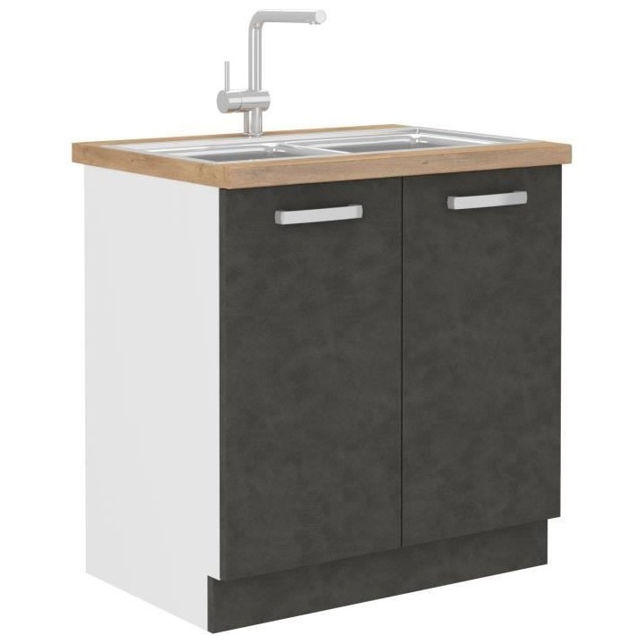 Meuble bas sous-évier 2 portes battantes - Gris mat - L 80 x P 51,6 x