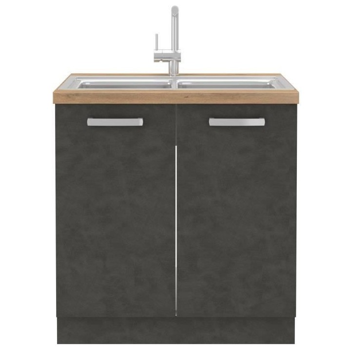 Meuble bas sous-évier 2 portes battantes - Gris mat - L 80 x P 51,6 x