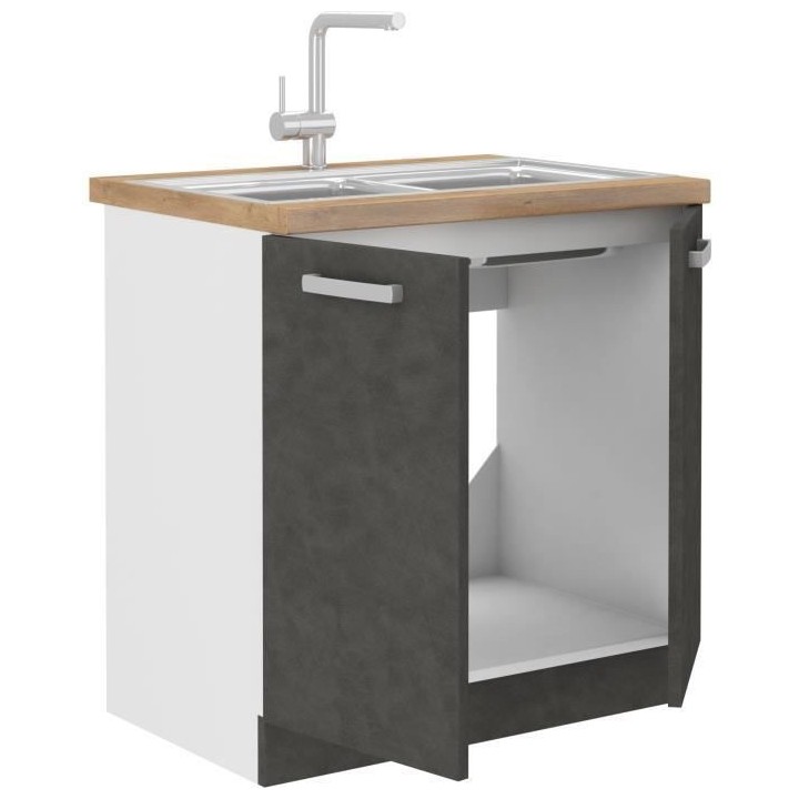 Meuble bas sous-évier 2 portes battantes - Gris mat - L 80 x P 51,6 x