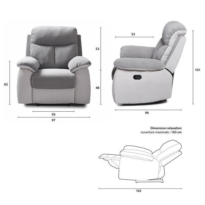 Fauteuil relax manuel - BELEM - Tissu Gris clair et Gris foncé - L 97