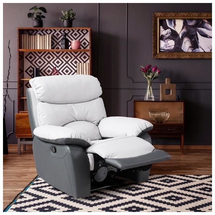 Fauteuil relax manuel - Simili Gris clair et Gris foncé - L 99 x P 92