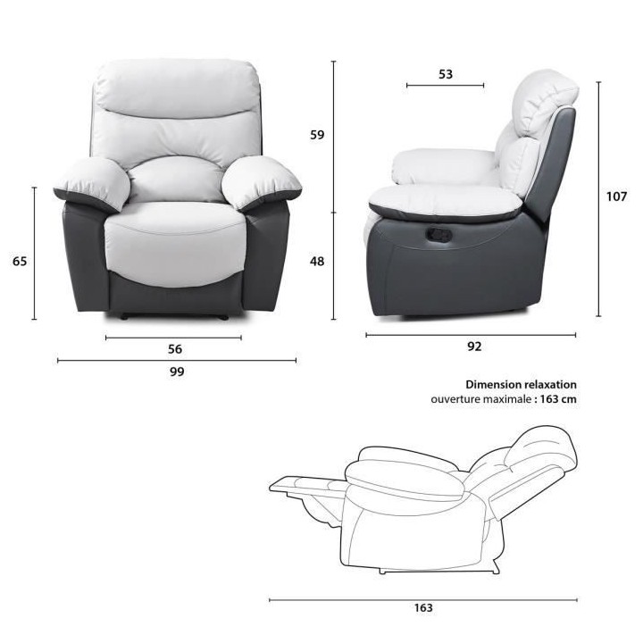 Fauteuil relax manuel - Simili Gris clair et Gris foncé - L 99 x P 92