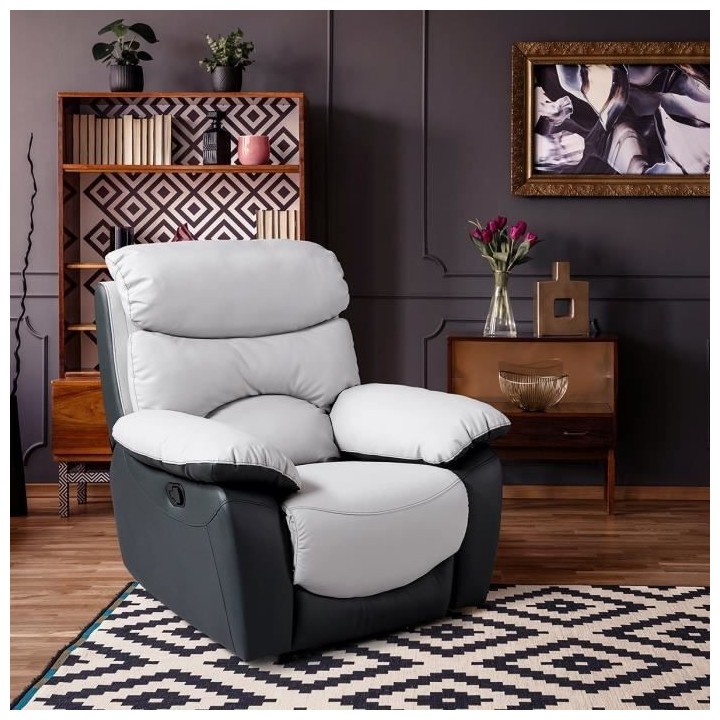 Fauteuil relax manuel - Simili Gris clair et Gris foncé - L 99 x P 92