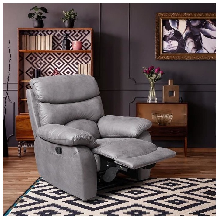Fauteuil relax manuel - Tissu Gris - L 99 x P 92 x H 107 cm - SOBRAL