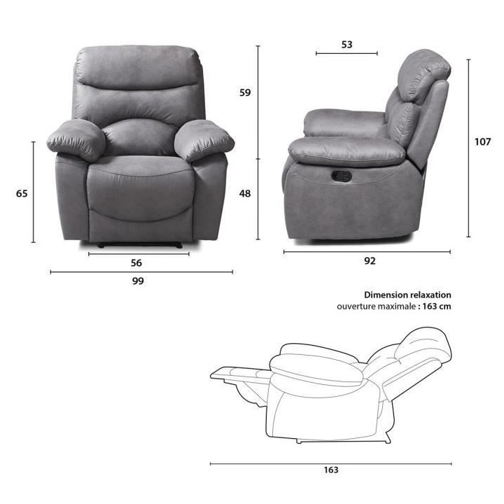 Fauteuil relax manuel - Tissu Gris - L 99 x P 92 x H 107 cm - SOBRAL
