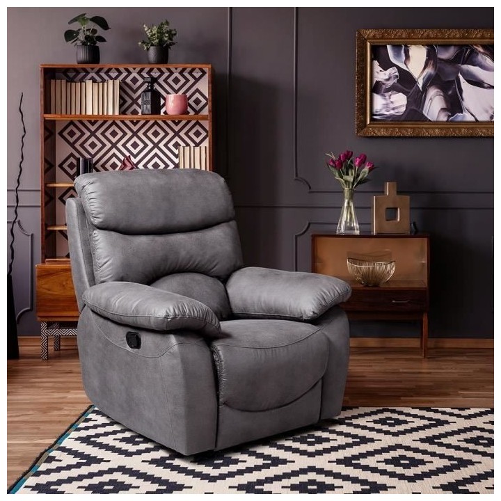 Fauteuil relax manuel - Tissu Gris - L 99 x P 92 x H 107 cm - SOBRAL