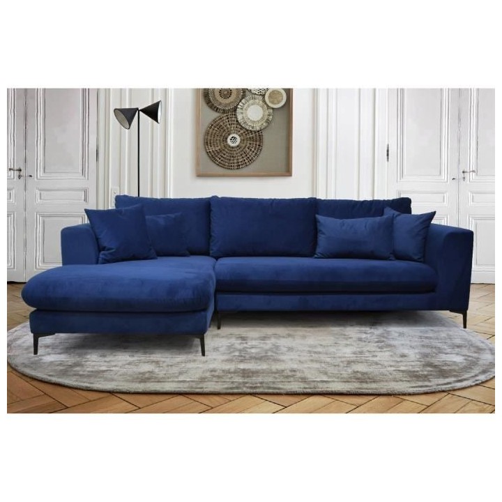 Canapé d'angle fixe gauche 5 places MARLEY - Tissu bleu - L 266 x P 1