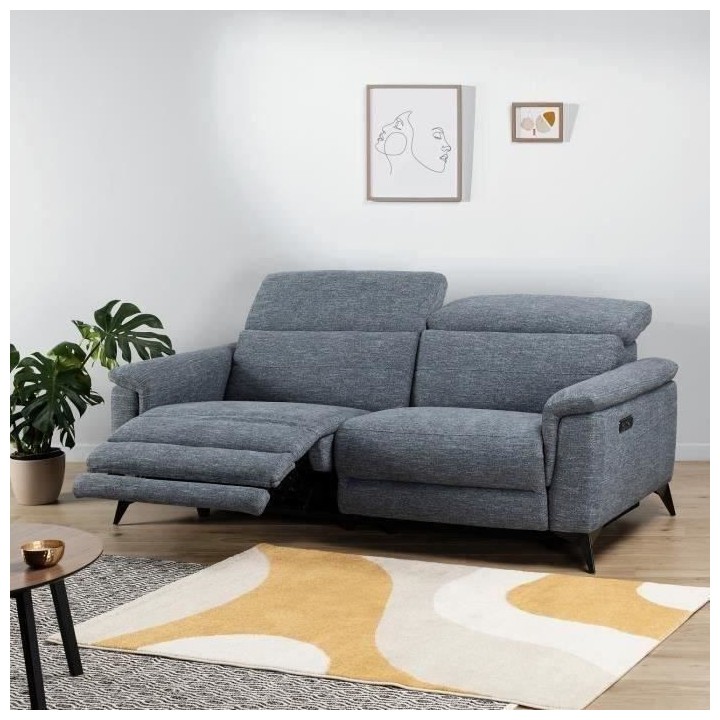 Canapé 3 places avec 2 relax electrique - Tissu bleu clair - L 208 x