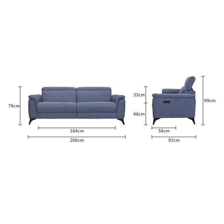 Canapé 3 places avec 2 relax electrique - Tissu bleu clair - L 208 x