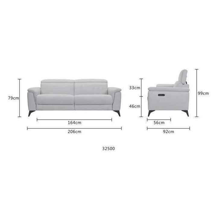 Canapé 3 places avec 2 relax électrique - Tissu gris clair - L 208 x