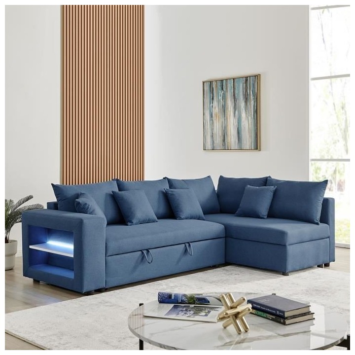 Canapé d'angle a droite convertible + Coffre de rangement + 4 coussin
