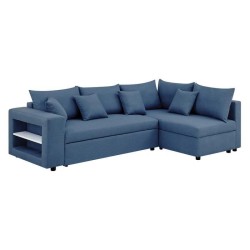 Canapé d'angle a droite convertible + Coffre de rangement + 4 coussins - Tissu Bleu - OWENS - L 250 x P 163 x H 88 cm