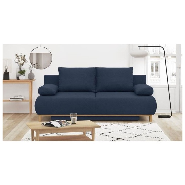 Banquette convertible 3 places MIKA - Tissu bleu foncé - Coffre de ra