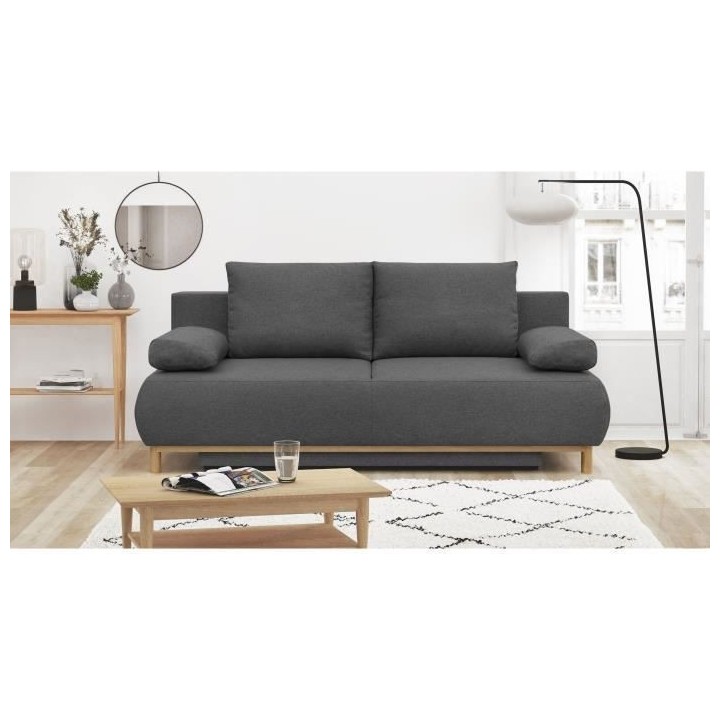 Banquette convertible 3 places MIKA - Tissu gris - Coffre de rangement