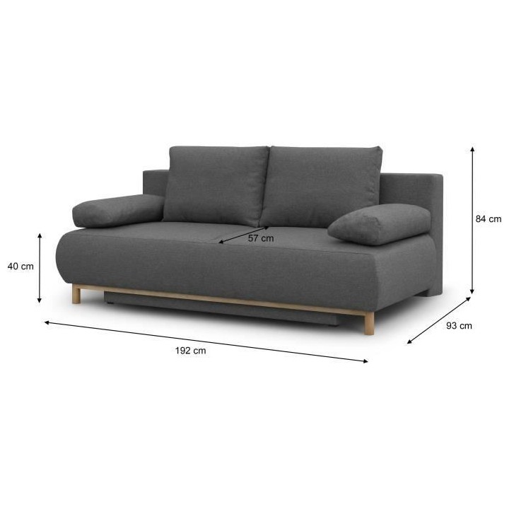 Banquette convertible 3 places MIKA - Tissu gris - Coffre de rangement