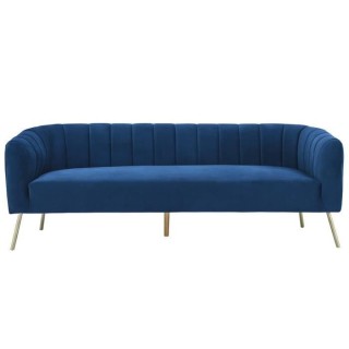 MATHIS Canapé rétro 3 places - Velours Bleu et structure bois massif