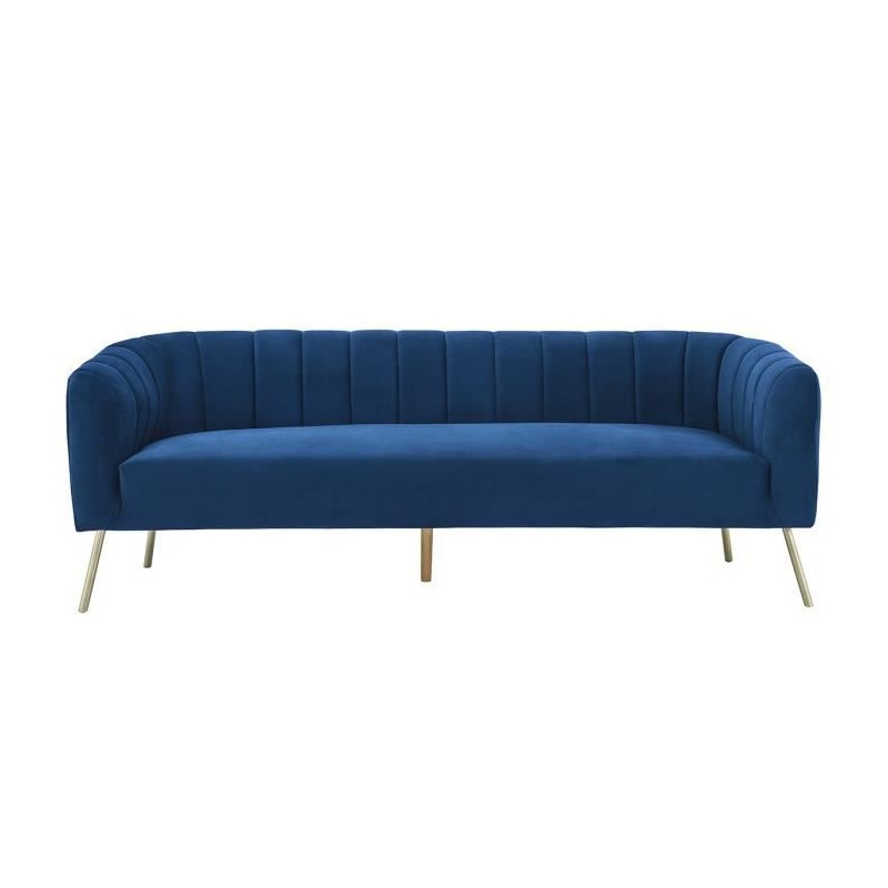 MATHIS Canapé rétro 3 places - Velours Bleu et structure bois massif - L 207 x P 87 x H 77 cm