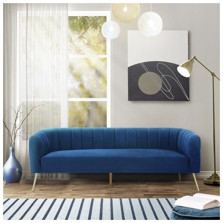 MATHIS Canapé rétro 3 places - Velours Bleu et structure bois massif