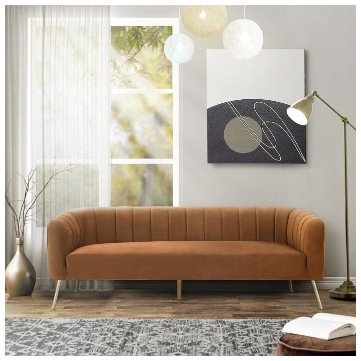 MATHIS Canapé rétro 3 places - Velours Terra cotta et structure bois