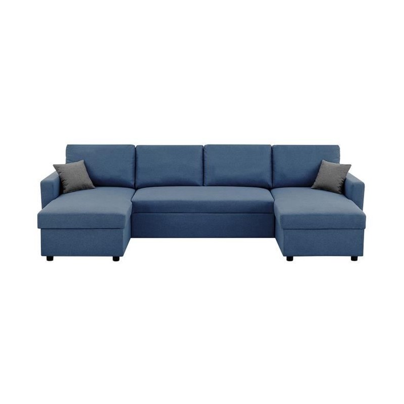 Canapé d'angle convertible panoramique + 2 coffres de rangement + 2 coussins - Tissu Bleu - L 300 x P 148 x H 83 cm - OWENS