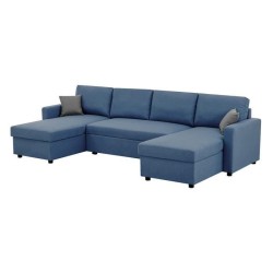 Canapé d'angle convertible panoramique + 2 coffres de rangement + 2 coussins - Tissu Bleu - L 300 x P 148 x H 83 cm - OWENS