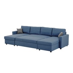 Canapé d'angle convertible panoramique + 2 coffres de rangement + 2 coussins - Tissu Bleu - L 300 x P 148 x H 83 cm - OWENS