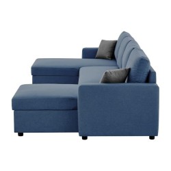 Canapé d'angle convertible panoramique + 2 coffres de rangement + 2 coussins - Tissu Bleu - L 300 x P 148 x H 83 cm - OWENS