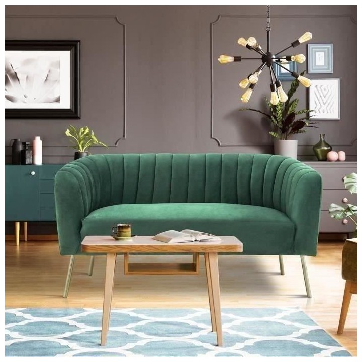 Canapé 2 places - Bleu vert - Velours - L 142 x P 70 x H 71 cm - MATH