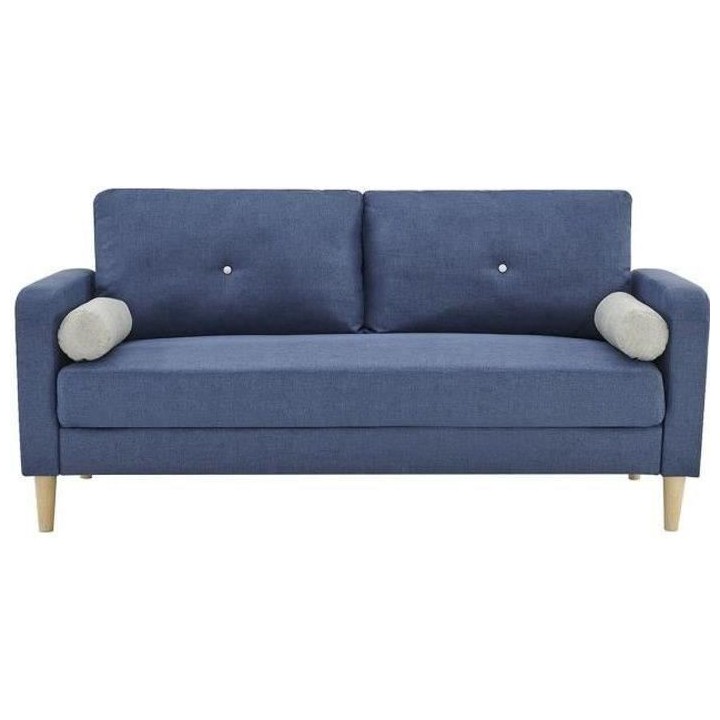 Canapé 3 places + 2 coussins - Tissu Bleu - L 175 x P 80 x H 85 cm -