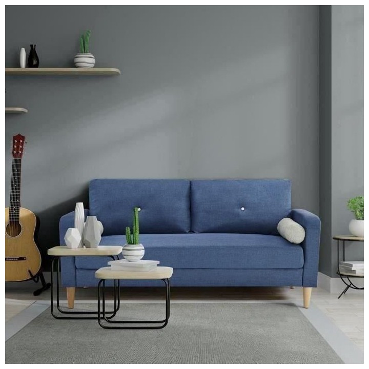 Canapé 3 places + 2 coussins - Tissu Bleu - L 175 x P 80 x H 85 cm -