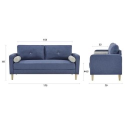 Canapé 3 places + 2 coussins - Tissu Bleu - L 175 x P 80 x H 85 cm - COPENHAGUE