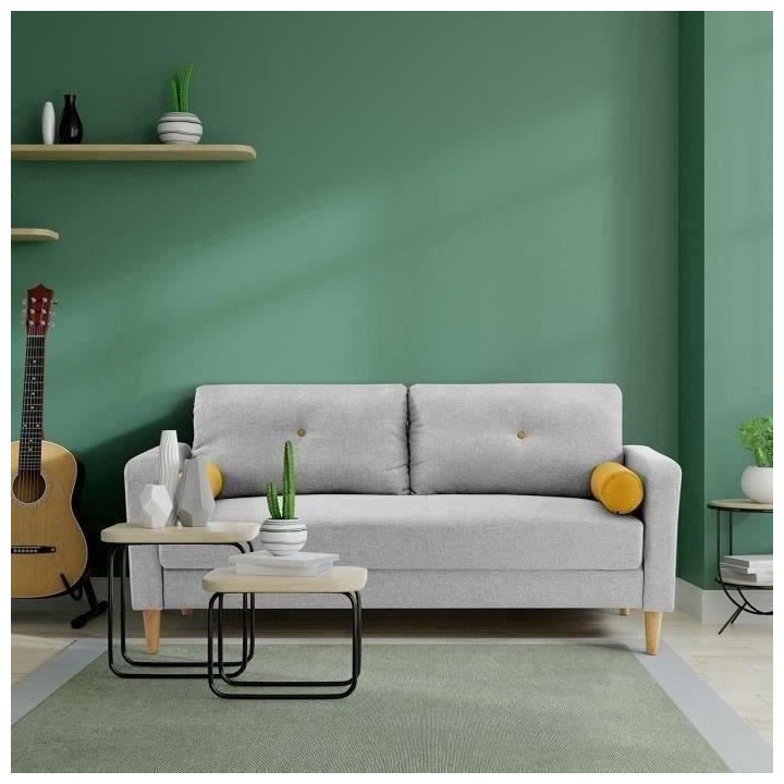 Canapé 3 places + 2 coussins - Tissu Gris clair - L 175 x P 80 x H 85