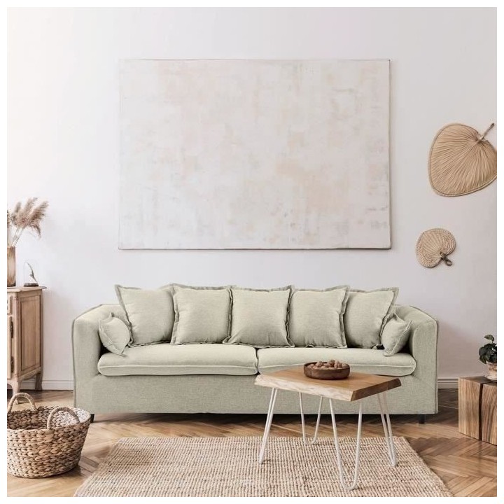 Canapé 3 places avec coussin - Tissu Beige - L 210 x P 83 x H 78 cm -