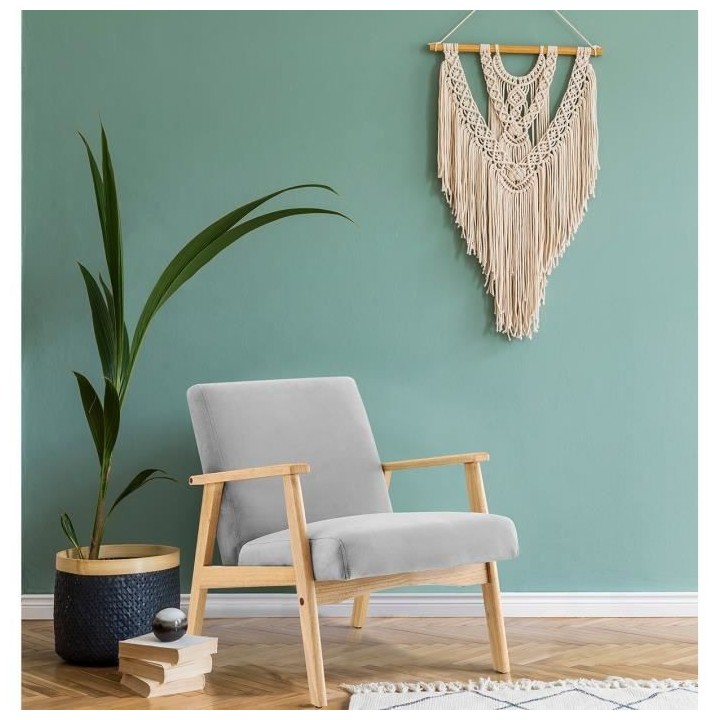 TULIO Fauteuil scandinave - Tissu gris et bois massif - L 63 x P 78 x