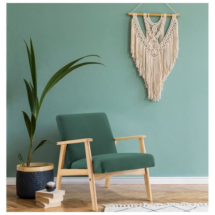 TULIO Fauteuil scandinave - Tissu vert et bois massif - L 63 x P 78 x