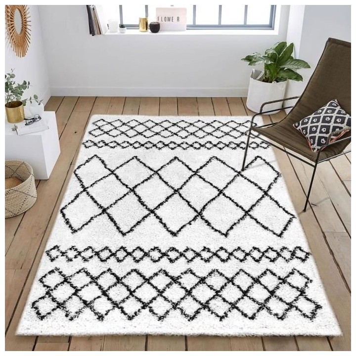 NEW ASMA Tapis de salon Shaggy - Style berbere - 150 x 220 cm - Blanc