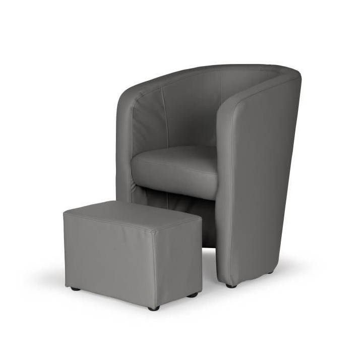 NUNO Fauteuil cabriolet + pouf en simili gris - L 59 x P 63 x H 77 cm