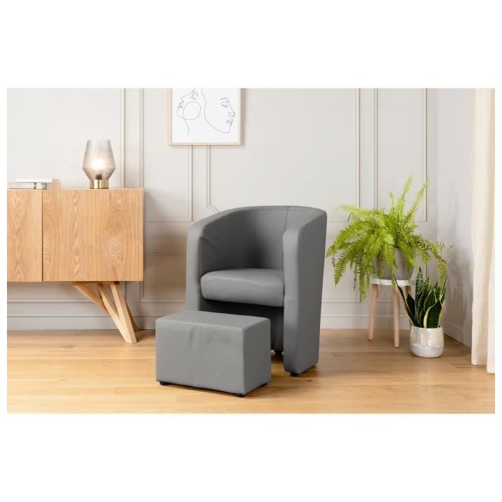 NUNO Fauteuil cabriolet + pouf en simili gris - L 59 x P 63 x H 77 cm