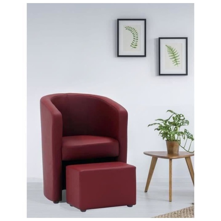 NUNO Fauteuil cabriolet + pouf en simili rouge - L 59 x P 63 x H 77 cm