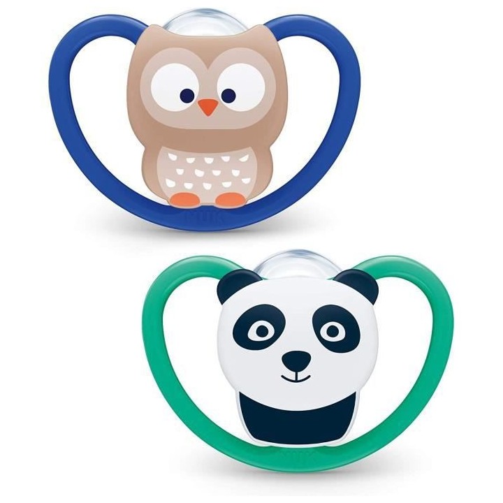 Nuk Sucette Physiologique Silicone Space +18m Panda Hibou Lot de 2