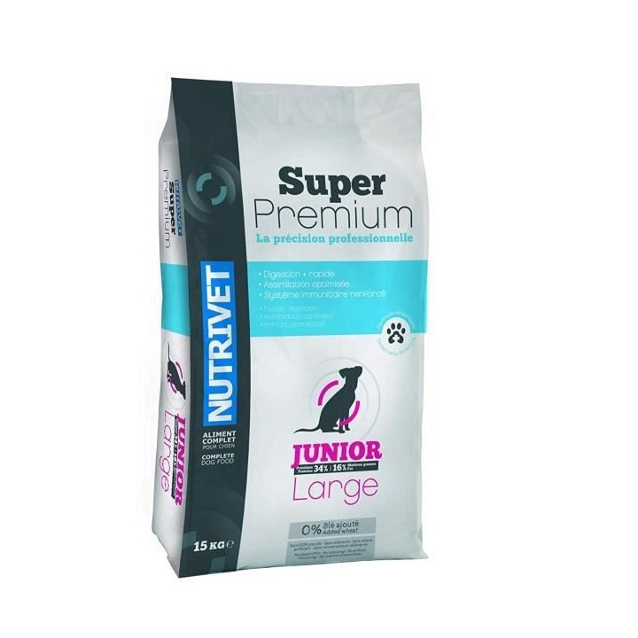 SUPER PREMIUM Croquettes chien junior 34/16 grande race 0% blé - 15 k