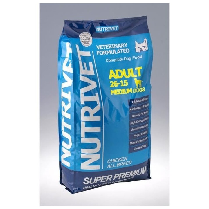 NUTRIVET Super Premium Croquettes chien adulte 26/15 race moyen 0% bl