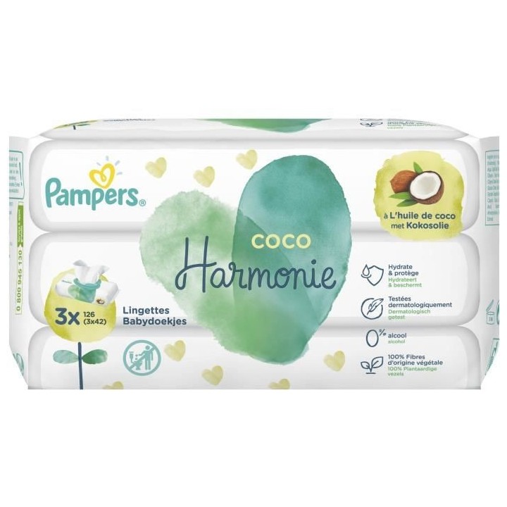 PAMPERS Lingettes pour bébé Harmonie Coco - Lot de 3 X 42 - 126 Ling